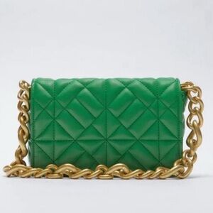 Zara Green Quilted Shoulder Bag Gold Chain Strap